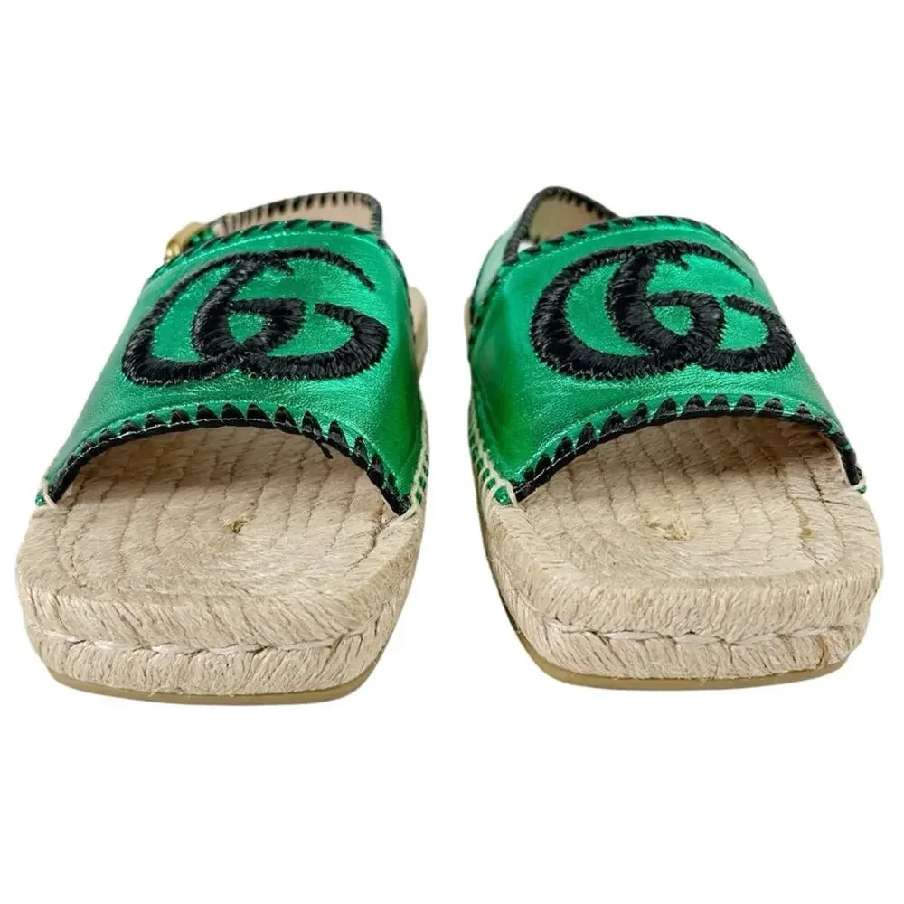GUCCI Pilar Embroidered Double G Slingback Metallic Green Espadrille Sandals - Picture 3 of 11